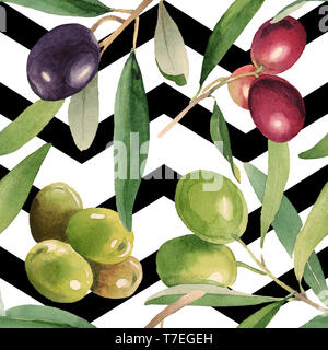 Frischen Oliven und gesundes Essen. Aquarell Hintergrund Abbildung. Aquarell Zeichnung mode Aquarelle isoliert. Nahtlose Muster. Gewebe Stockfoto