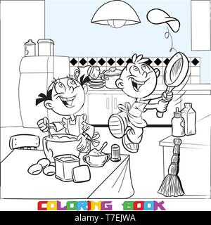 In Vector Illustration, Cartoon Mädchen und Jungen essen in der Küche. Spaß Kinder backen Pfannkuchen. Ist ein schwarzer Umriss für ein Malbuch. Stock Vektor