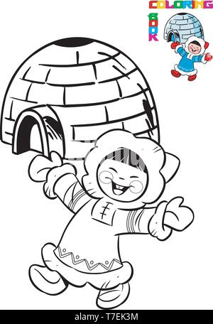 Die Abbildung zeigt die cartoon Eskimo in traditioneller Kleidung auf dem Hintergrund der Iglu. Abbildung in schwarzer Umriss für Malbuch Stock Vektor