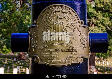 Eine Plakette gibt Details zu Silo National Cemetery in Silo National Military Park, Sept. 21, 2016, Silo, Tennessee. Stockfoto