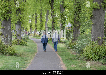 Ein Paar mittleren Alters bei einem Spaziergang im Park zwischen einer Allee von Bäumen Stockfoto