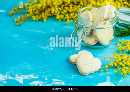 Köstliche gebackene Kekse in Herzform mit Kokos Chips in Glas und Silber wattle oder Mimosa auf blauen Beton Tabelle Oberfläche. Essen Gruß c Stockfoto