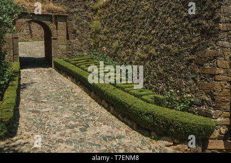 Gepflasterten Weg, dem Gateway in Steinmauer mit Garten in Castelo de Vide. Schöne Stadt mit mittelalterlichen Burg an den Portugal Ostgrenze. Stockfoto