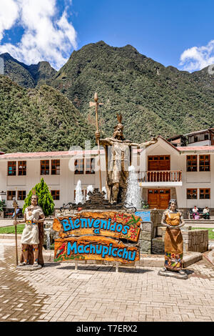 Aguas Calientes, Peru - April: Statue des Pachacuti in Aguas Calientes, Peru. Pachacuti wurde der 9 Sapa Inka des Königreichs Cusco. Stockfoto