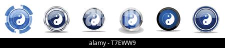 Yang silber metallic Chrom Grenze Vector Icons Ying, der Web-Tasten einstellen, runde blaue Schilder in eps 10. Stock Vektor