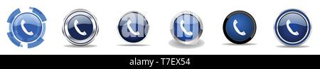 Telefon silber metallic Chrom Grenze Vector Icons, Web Buttons, runde blaue Schilder in eps 10. Stock Vektor