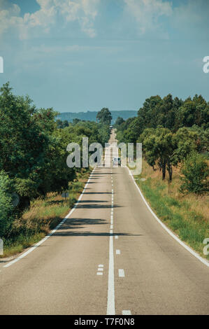 Gerade lange Straße mit einsamen Auto durch Landschaft und belaubten Bäumen, an einem sonnigen Tag in der Nähe von Castelo Branco. Ein ehemaliges Bistum in Zentralportugal. Stockfoto