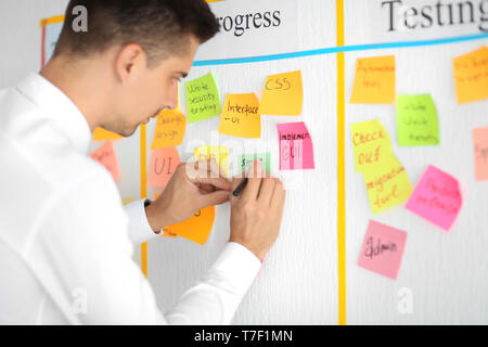 Mann schreiben auf Kurznotiz angefügt Aufgabe in seinem Amt zu Scrum Stockfoto