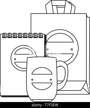 Becher und Shopping Bag und Notizblock mit Emblem Stock Vektor