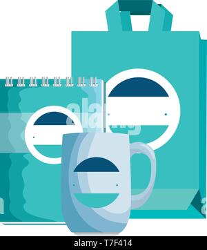 Becher und Shopping Bag und Notizblock mit Emblem Stock Vektor