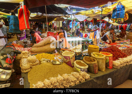 Würze- und Chilischoten stehen auf einem lokalen Markt in Shahpura, einer Stadt im Distrikt Dindori im zentralindischen Bundesstaat Madhya Pradesh Stockfoto