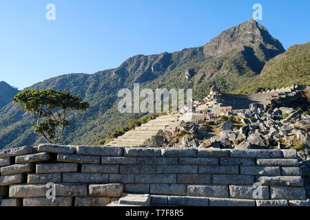 Machupicchu Berg- und landwirtschaftlichen Terrassen von der Hauptseite in Machu Pichu archäologischen Park in Peru gesehen Stockfoto