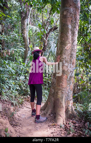 Weißer junge Frau auf der Suche nach Etwas neugierig hinter dem Baum am See Sandoval im Peruanischen Amazonas, Peru Stockfoto