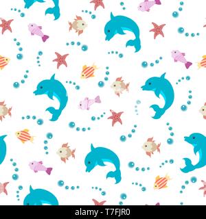 Meer ​​Dolphin nahtlose Muster mit Fische und Seesterne auf einem weißen Hintergrund für Textilien Stock Vektor