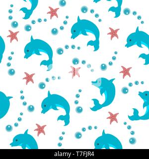 Meer ​​dolphin Fische und Seesterne nahtlose Muster auf weißem Hintergrund für Textilien Stock Vektor