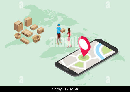 Isometrische 3d online Delivery Service Konzept mit Leuten die mit dem Auftrag liefern mit Smartphone App Karten Lage - Vector Illustration Stockfoto