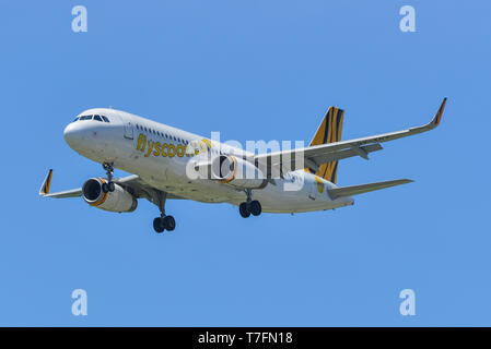 Singapur - Mar 27, 2019. 9-V-TRX Scoot Airbus A320-Landung am Flughafen Changi (SIN). Changi ist derzeit bewertet der Welt zum besten Flughafen von Skytrax (2018) Stockfoto