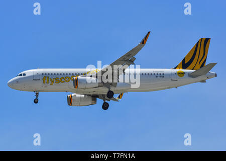 Singapur - Mar 27, 2019. 9-V-TRX Scoot Airbus A320-Landung am Flughafen Changi (SIN). Changi ist derzeit bewertet der Welt zum besten Flughafen von Skytrax (2018) Stockfoto