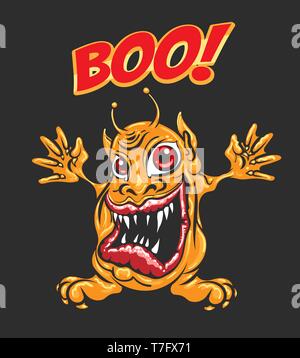 Cartoon gelbe Monster mit riesigen offenen Mund und Formulierung Buh. Vector Illustration. Stock Vektor