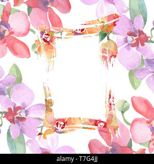 Orchid Blumensträuße Blumen botanischen Blumen. Aquarell Hintergrund Abbildung. Rahmenlinie ornament Quadrat. Stockfoto