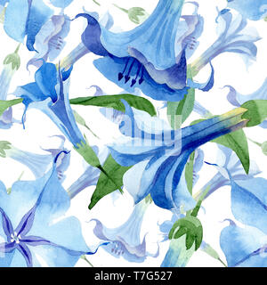 Blau Engelstrompeten floral botanischen Blumen. Aquarell Hintergrund Abbildung. Nahtlose Muster. Stockfoto