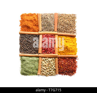 Verschiedene Arten von Gewürzen auf weißem Hintergrund Stockfoto