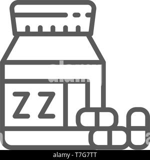 Glas mit Schlaftabletten Symbol Leitung. Stock Vektor