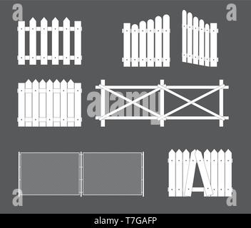 Silhouetten verschiedener Arten von Zaun, Tor aus Holz, Metall. Vector Illustration. EPS 10. Stock Vektor