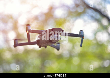 Galati, Rumänien - 20. April 2019: dji Mavic 2 Pro mit Hasselblad Kamera schwebt in einem forrest bei hellem Tageslicht Stockfoto