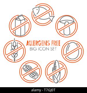 Vector Icons Set für Allergene kostenlose Produkte (Milch, Fisch, Ei, Gluten, Weizen, Mutter, Laktose, Mais, Pilze) Stock Vektor
