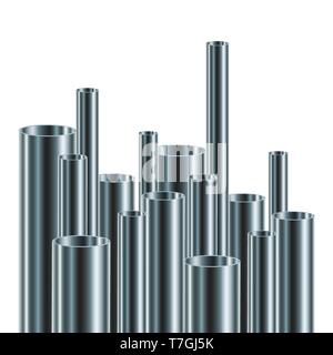 Satz von Stahl oder aluminium Rohre, isoliert. Vector Illustration. Glänzend 3d-Rohre mit unterschiedlichen Durchmessern. Stock Vektor