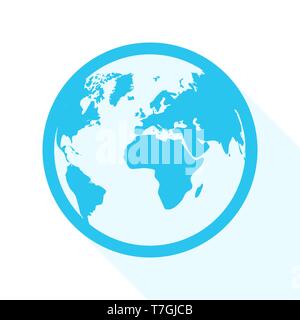 Blauer Globus Symbol mit langen Schatten. Vector Illustration. Symbol der Erde. Planet Symbol. Welt Symbol im flachen Stil Stock Vektor