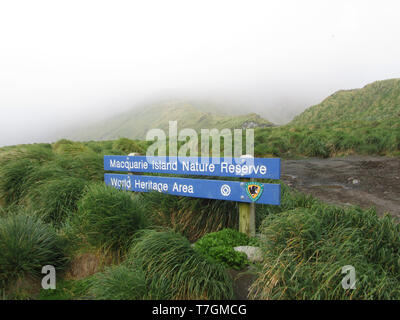 Eingangsschild auf Macquarie Island, einer abgelegenen Insel in der subantarktischen Region von Australien im südlichen Pazifischen Ozean. Stockfoto