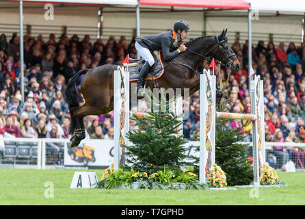 Christopher Burton und COOLEY Land während der SHOWJUMPING Phase, Mitsubishi Motors Badminton Horse Trials, Gloucestershire, 2019 Stockfoto