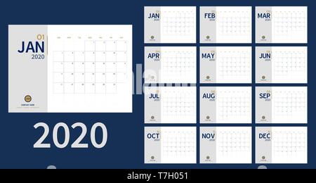 Vektor von 2020 neue Jahr Kalender in sauberen Minimale Tabelle einfachen Stil und blaue Farbe gold, Holiday Event Planner, Woche beginnt Sonntag. gehören Urlaub noch Stock Vektor