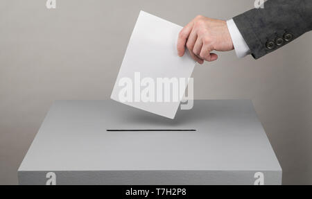 Grau zur Wahlurne. Die Präsidentschafts- und Parlamentswahlen. Der Wähler wirft die Stimmzettel in die Wahlurne. Stockfoto