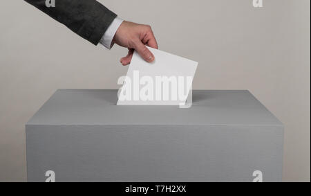 Grau zur Wahlurne. Die Präsidentschafts- und Parlamentswahlen. Der Wähler wirft die Stimmzettel in die Wahlurne. Stockfoto