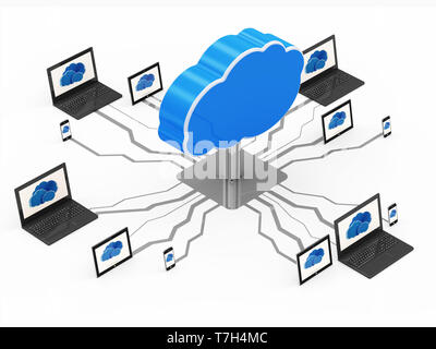 Cloud Computing Konzept mit Laptop, Tablet PC und Touchscreen Smartphone Stockfoto