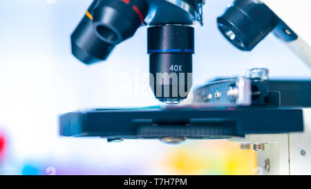 Reagenzgläser und Kolben und Mikroskop in einem chemischen Labor Stockfoto