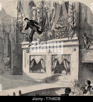 Attentat auf Präsident Abraham Lincoln - der Mörder hüpft auf die Bühne und fangen seine in der Flagge, die vor der Präsident, April 1865 hung Sporn Stockfoto