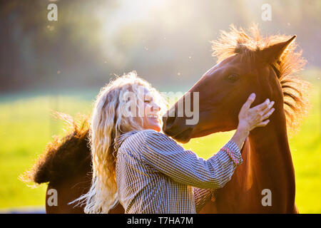Iberischen Sport Pferd. Andrea Jaenisch Hätscheln eines bay Fohlen auf der Weide. Deutschland Stockfoto