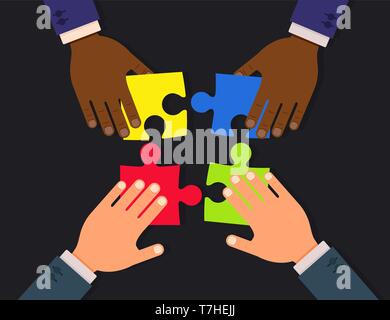 Teamwork Vektor flachbild Konzept Illustration Design. Unternehmer Hände Puzzle erstellen zusammen. Stock Vektor