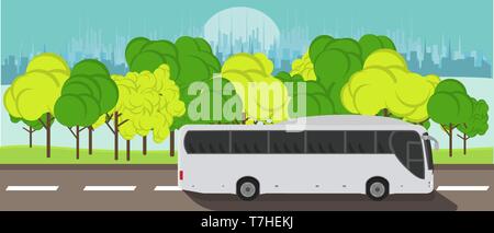 Touristische Express Bus fährt auf der Straße vor dem Hintergrund des Stadtbildes Konzept vektor Flachbild illustration Design Banner. Stock Vektor