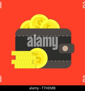 Gold Münzen in einer Leder Geldbörse vektor Flachbild illustration Design Konzept. Stock Vektor