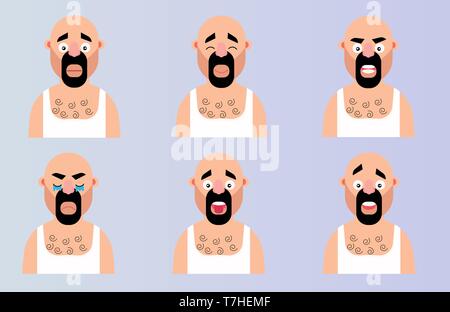 Set Gesicht emotion Cartoon mann Charakter. Flache Vektor-illustration bärtigen Kopf mit verschiedenen Ausdrucksformen emoji Design. Stock Vektor
