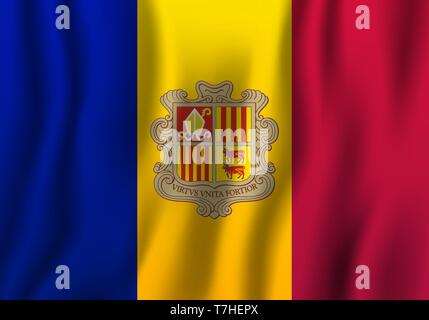 Andorra realistische wehende Flagge Vector Illustration. Nationalen Hintergrund Symbol. Tag der Unabhängigkeit. Stock Vektor