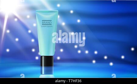 Realistische blau Creme Tube 3d-kosmetischen des Anbieters. Beaut Frau Produkt Make-up Hintergrund Konzept. Glossy Banner Werbung Brand Design. Mockup Luxus adv Stock Vektor