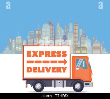 Express Delivery Truck vor der City Skyline flache Design Vector Illustration Stock Vektor