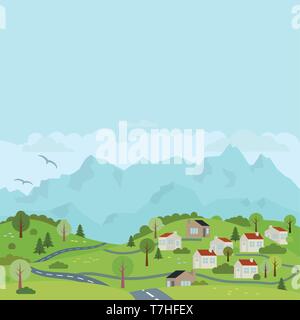 Ländliche Landschaft mit Dorf und Straße durch Rolling Hills Vector Illustration Stock Vektor