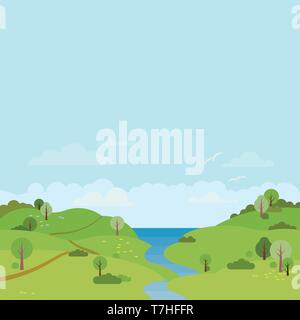 Küstenlandschaft mit Fluss durch sanfte Hügel ins Meer fließenden Vector Illustration Stock Vektor